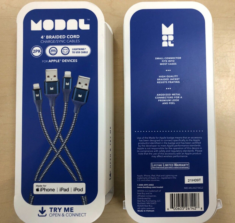 2 Pack Modal BestBuy MFi-Certified Lightning to USB-A iPhone Cable 4FT -2 Cables