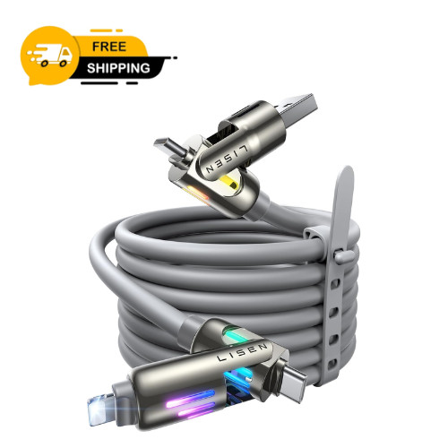 LISEN 240W Chubby USB C Cable, 4 in 1 Charging Cable (6.6FT) with Light, USB A/C