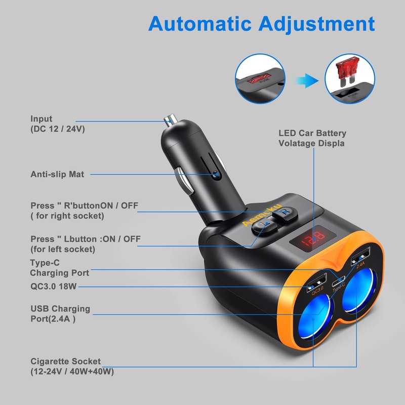 Aemeku PD20W USB-C QC3.0 Fast Charger Car Adapter 120W 2-Socket Orange-Black gallery