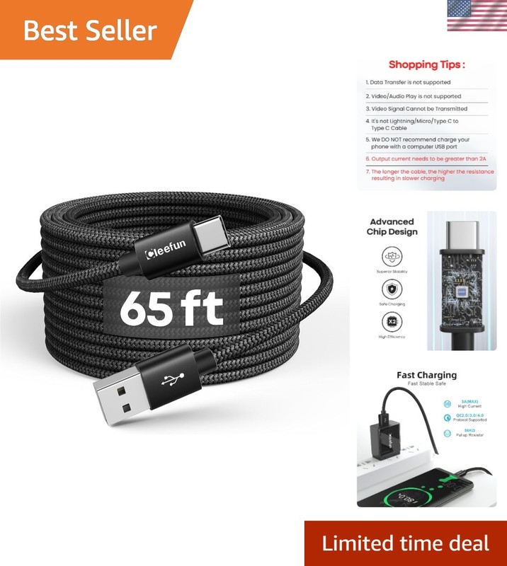 65ft Nylon Braided USB-C Power Cable for Fast Charging – Universal Compatibility