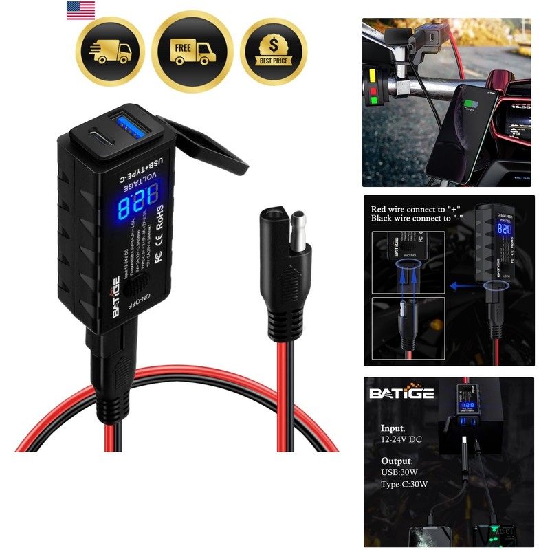 Motorcycle USB Charger SAE to USB Adapter Type C and Quick Charge USB 3.0 wit…