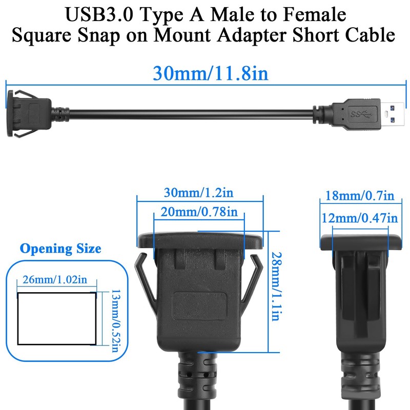USB 3.0 Square Snap on Mount Adapter Male to Female Flush Extension Cable gallery