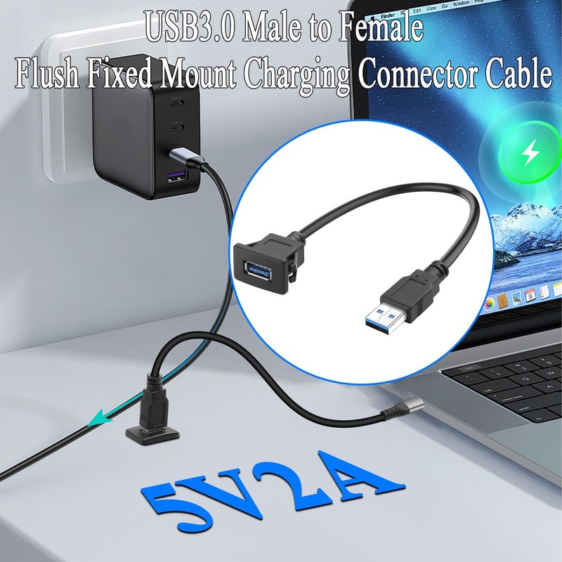USB 3.0 Square Snap on Mount Adapter Male to Female Flush Extension Cable gallery