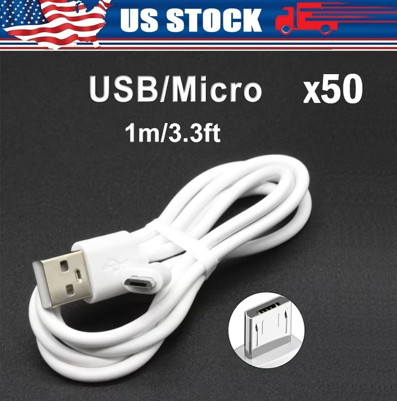 50-Pack Micro USB White 3.3 ft Long Cables for Charging and Data