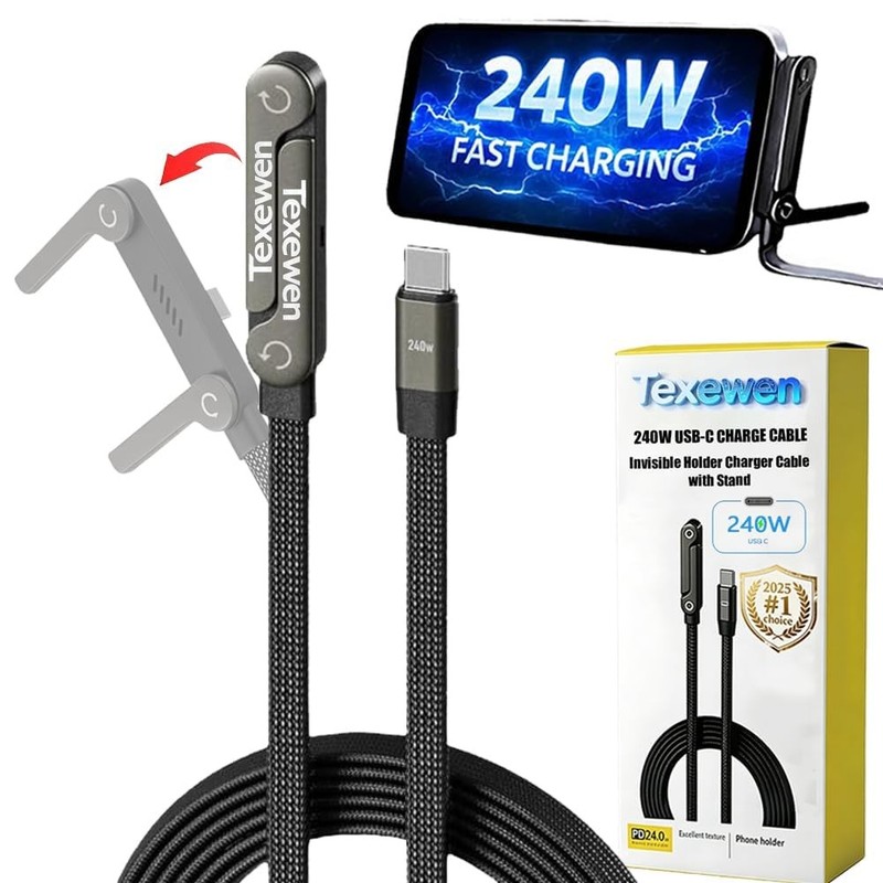 240w USB-C Charge Cable Invisible Stand Type C Charger Flat Phone Charger wit...
