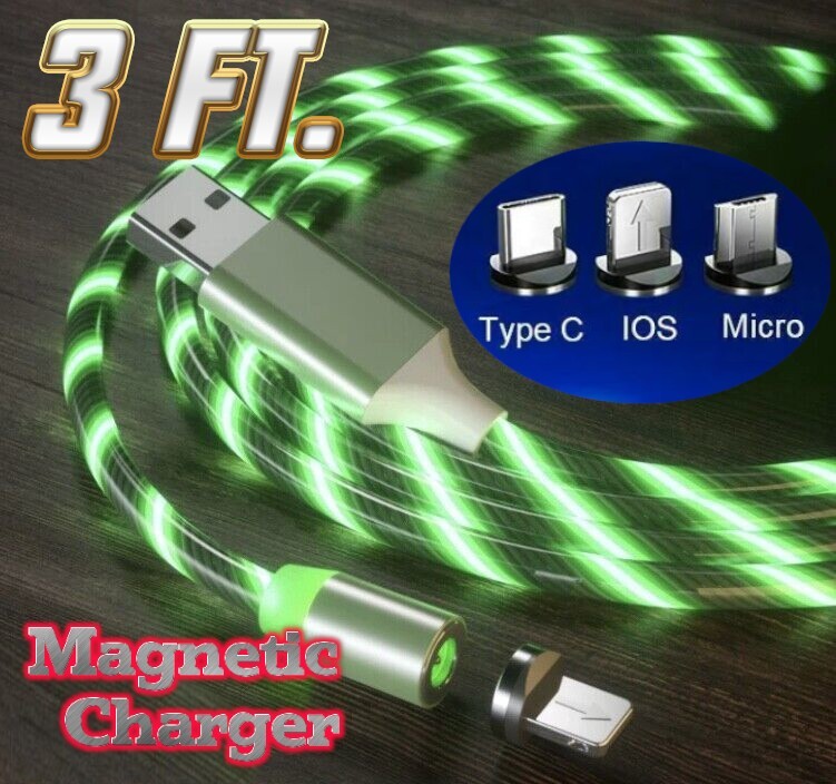 Green 3′ LED Light Up Charging Cable For USB-C, IOS, and Micro