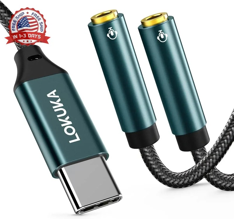 USB C to Dual 3.5mm Female Headphone Splitter, Type C to AUX TRRS 2-in-1 Audio A