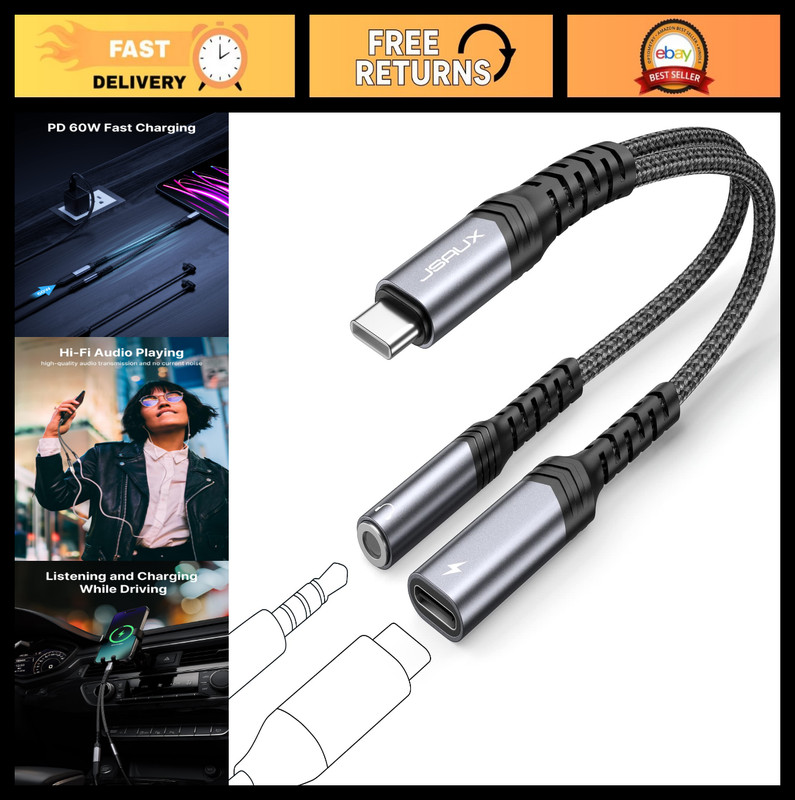 2-in-1 USB C to 3.5mm Headphone & Charger Adapter, PD 60W Fast Charging for iPho