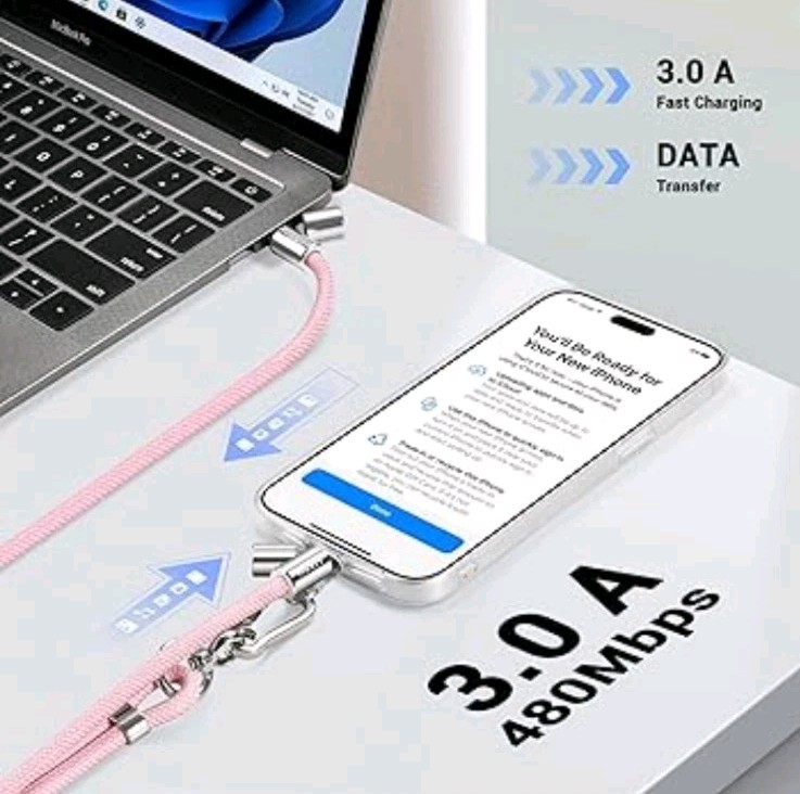 MOSTY 60W 2 in 1 USB-C To USB-C Fast Charger Cable Pink Crossbody Phone Lanyard gallery