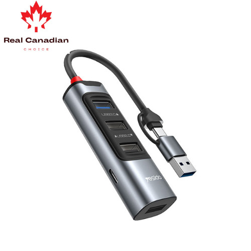 Yesido HB20 5-in-2 USB Hub Type-C & USB to 4 USB Ports+100W PD USB 3.0+2.0 Black