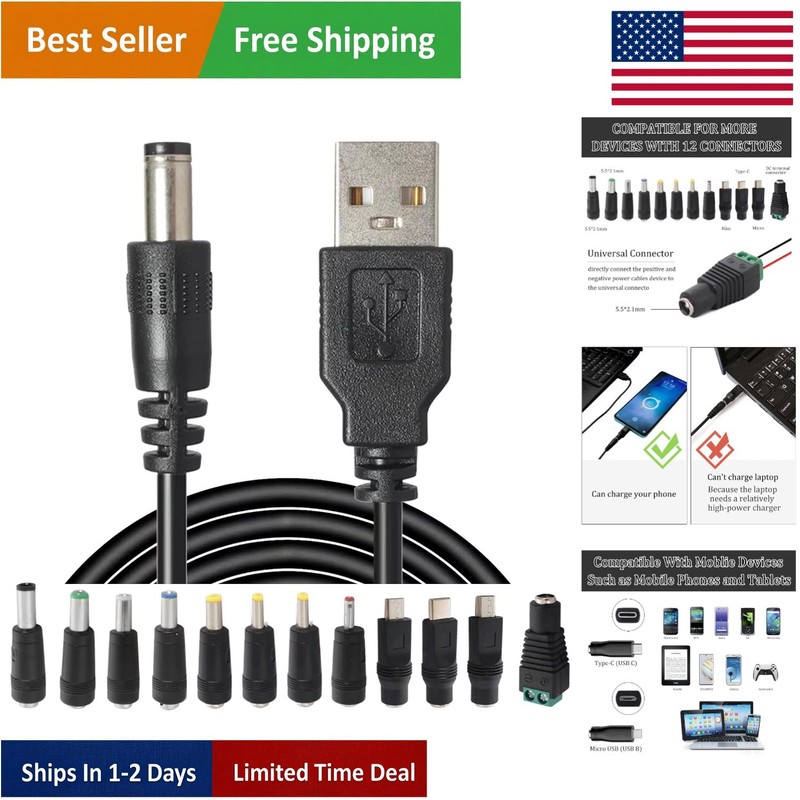 Universal USB to DC Charger Cable with 12 Changeable Tips - Perfect for Gadgets
