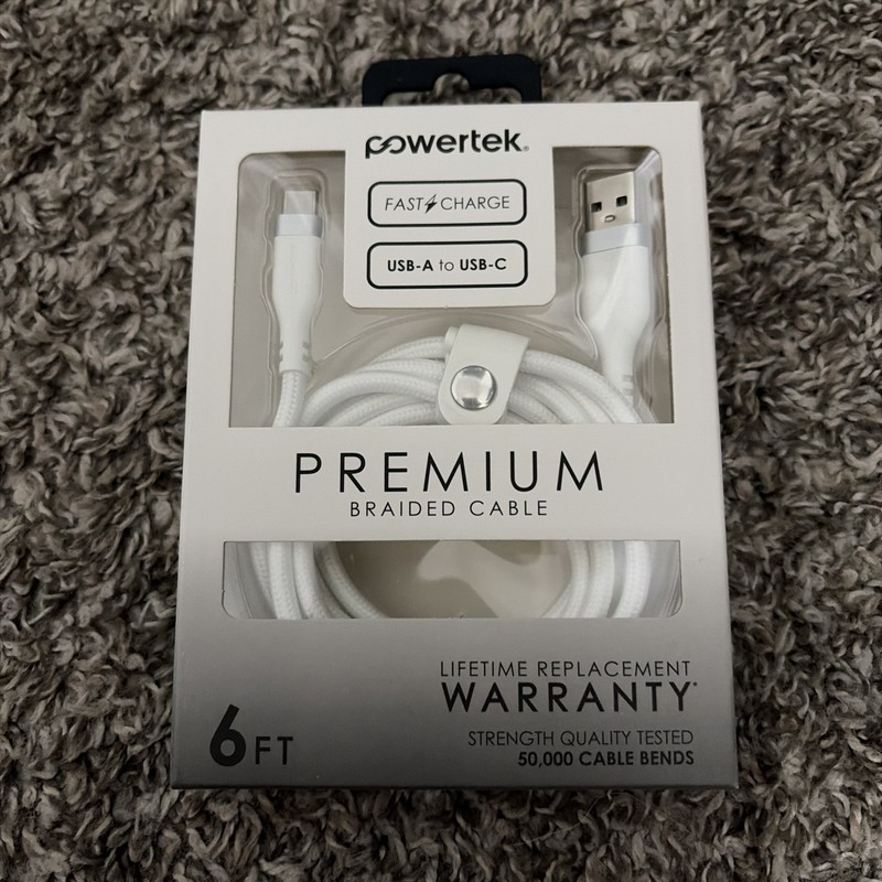 Powertek Braided Fast Charge USB-A to USB-C Cable 6ft White Nylon