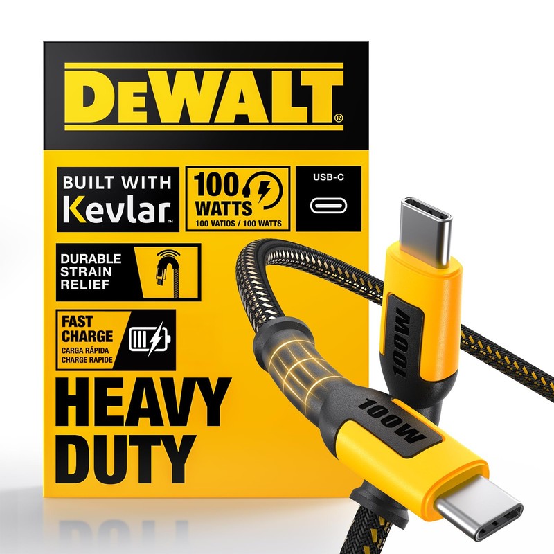100W Heavy Duty USB C Cable Jobsite 4ft Type C Fast Charging Cord Yellow Black