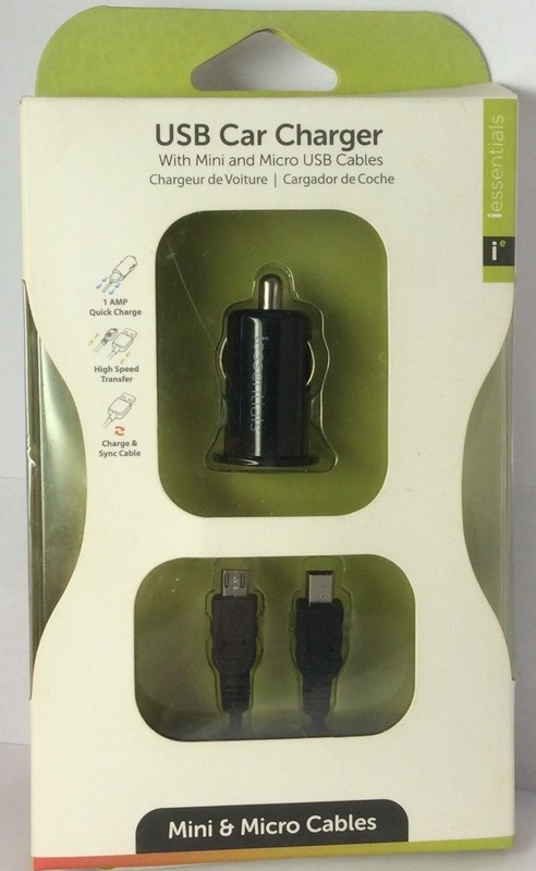 USB Car Charger W/ Mini & Micro USB Cables 3ft Cable Compact Travel Adapters