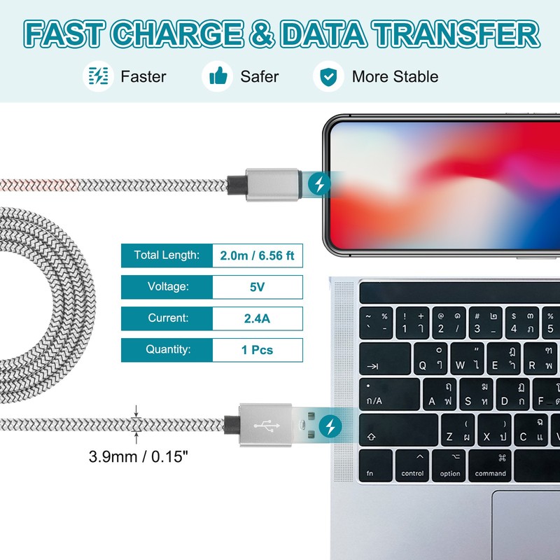 6.56ft USB Type C Charger Cable 2.4A Type-C Braided Charging Data Cord Silver gallery