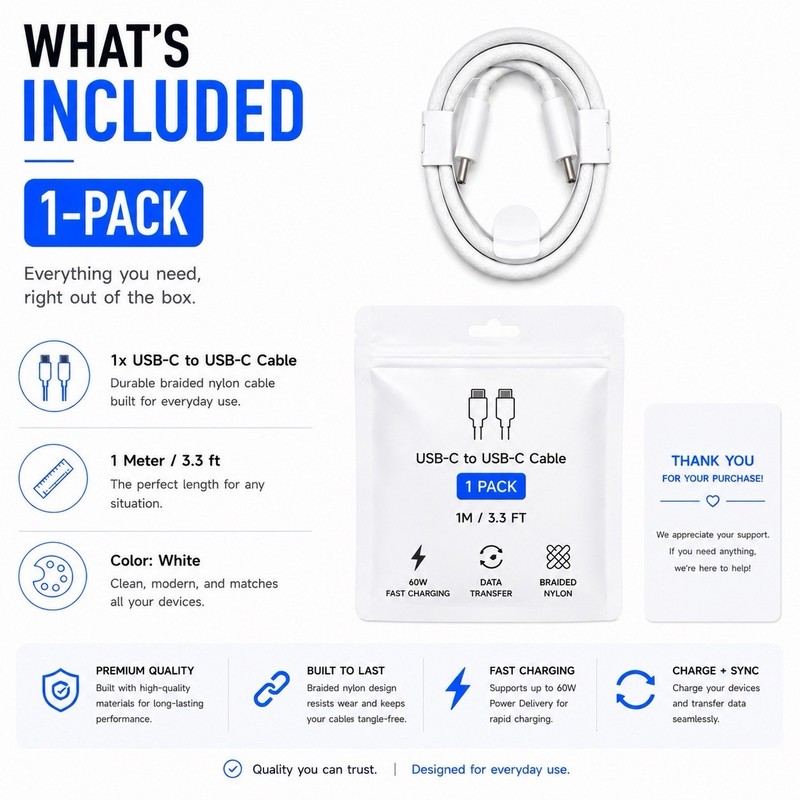 1-Pack USB-C to USB-C Cable 60W Fast Charging Braided Nylon 1M/3.3FT gallery