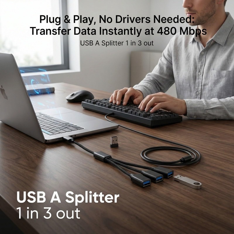 USB Splitter 1 in 3 Out, USB A Splitter Adapter, 2025 Upgraded USB 2.0 Male t... gallery