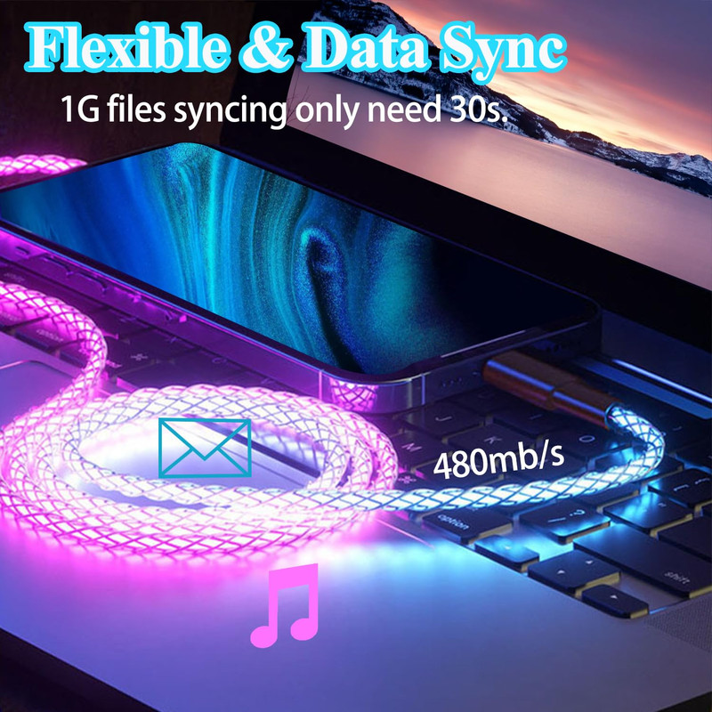 66W 3 in 1 LED Light up Charging Cable, RGB Flowing Glowing Fast Charging Cord gallery