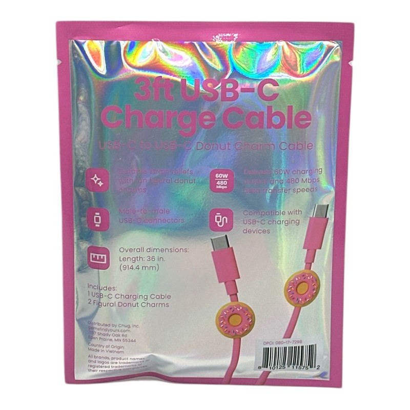 Donut Charm Pink USB-C to USB-C 3ft Charging Cable 60W Fast Charge 480Mbps - NEW gallery