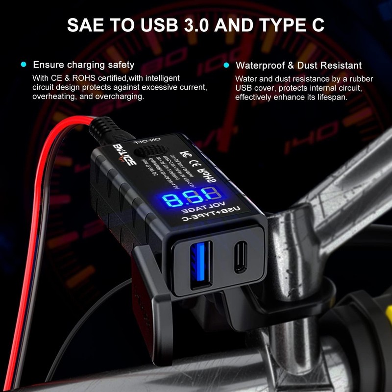 Motorcycle USB Charger SAE to USB Adapter Type C and Quick Charge USB 3.0 wit... gallery
