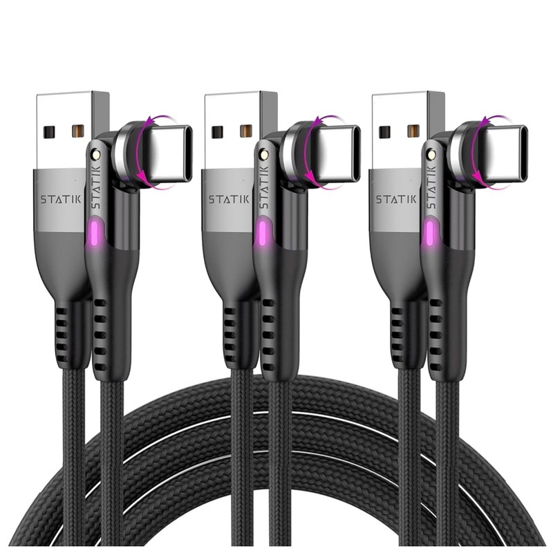 USB A to C Cable 3 Pack 15W Fast Charging, Rotating Head