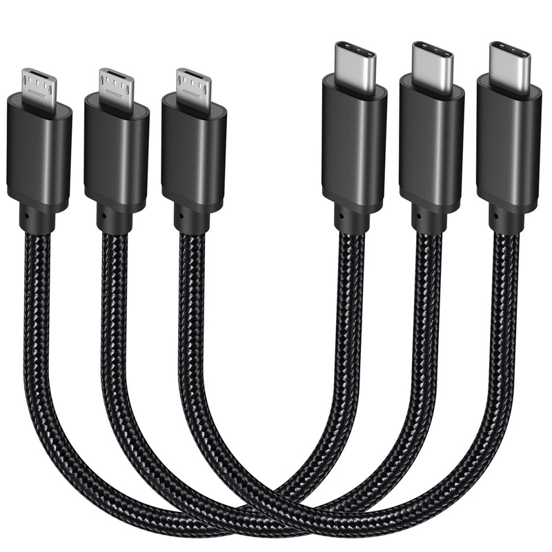 12Inch Short USB C to Micro USB Cable, 3Pack 1FT Nylon Braided USB-C to Micro US