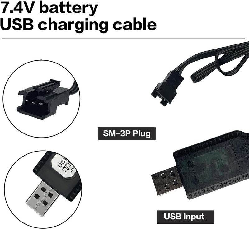 7.4V USB Charger Cable with SM-3PIN Plug Compatible RC Car Tank 1, Black gallery