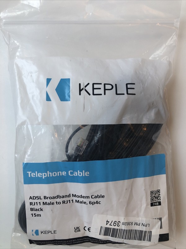 15m Keple ASDL Broadband Modem Telephone Cable, RJ11 Male to RJ11 Male, USA SHIP