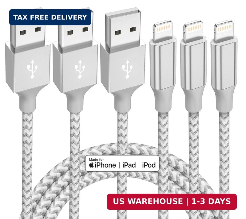 iPhone Charger 3 Pack 10 ft Apple MFi Certified Lightning Nylon Braided Cable Fa