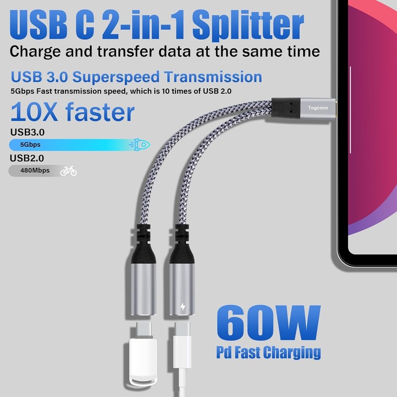 Dual USB C Headphone and Charger Adapter Y Splitter, 2-in-1 Type C to USB-C Audi gallery