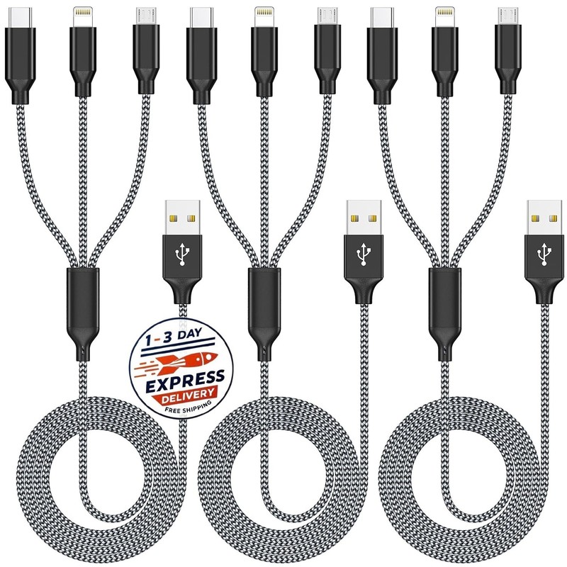 Cable de carga múltiple de 1,2 m (paquete de 3), 3 en 1, gris/negro