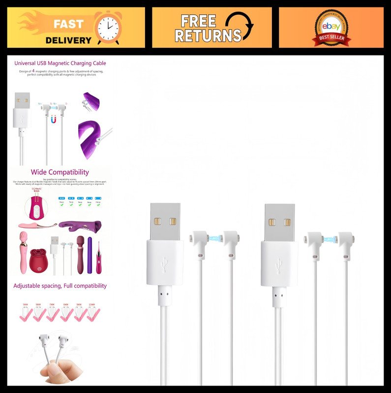 Universal Magnetic Charging Cable for Massagers – 80cm USB-A Charger, 2-Pack, Co