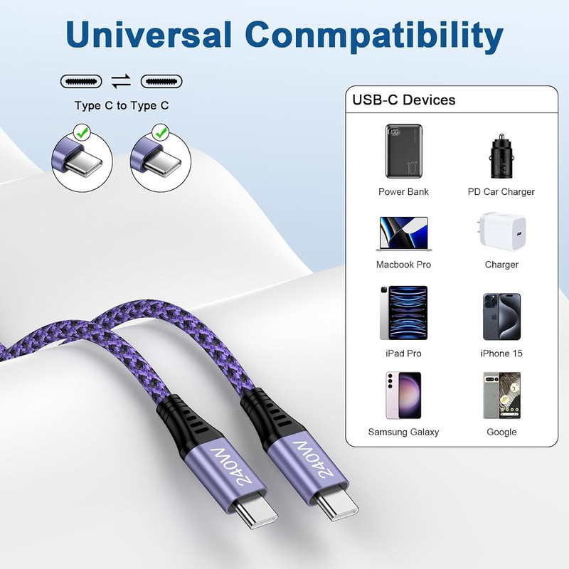 240W Fast Charging USB C to C Braided Cable 10ft for Samsung & iPhone 17 Pro Max gallery