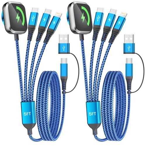 4-in-2 Multi Charging Cable with Dual Type-C Ports – 5FT for iPhones & iWatch