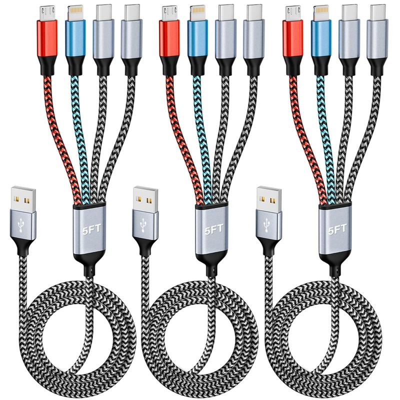 Dual Type-C Ports 4 IN 1 Multi Charging Cable Cord(5FT 3Pack), USB to USB C C...