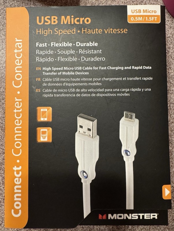Monster High Speed Micro to USB-A Cable 1.5ft White Fast Charging Data Transfer