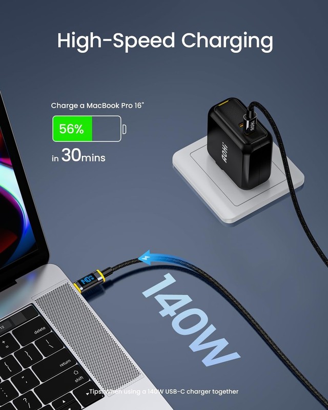 140W USB C to USB C Cable with Display Magline Nylon 4ft Fast Charging Cord gallery