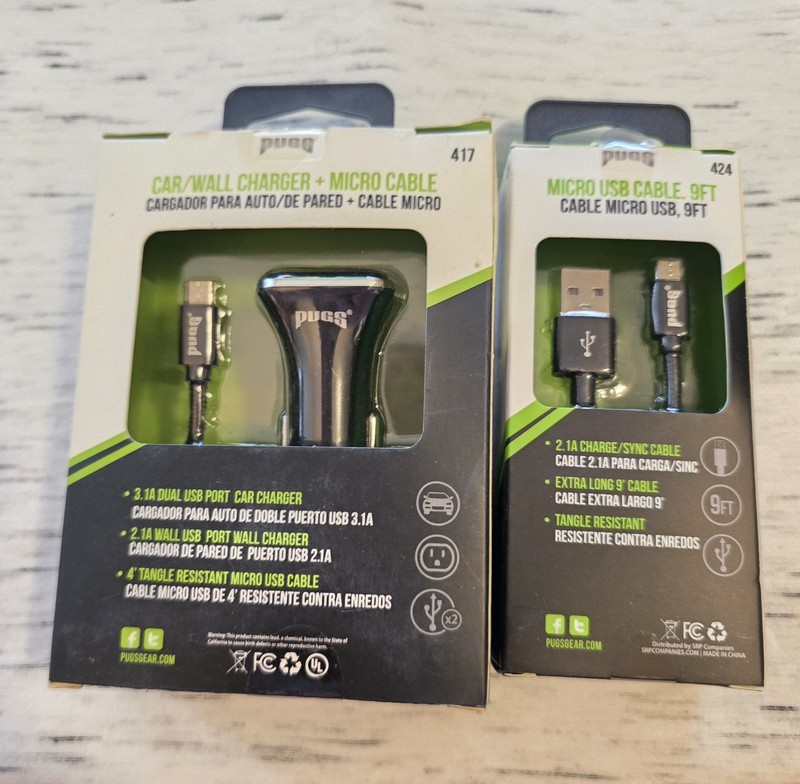 Lot of 2 – PUGS Car/Wall Charger + Micro USB Cable & 9FT Micro USB Cable – New