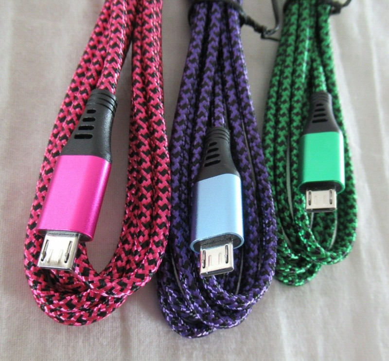 AILKIN Micro USB 6 Foot Charging Cables Lot of 3 Pink Purple Green Nylon NEW gallery