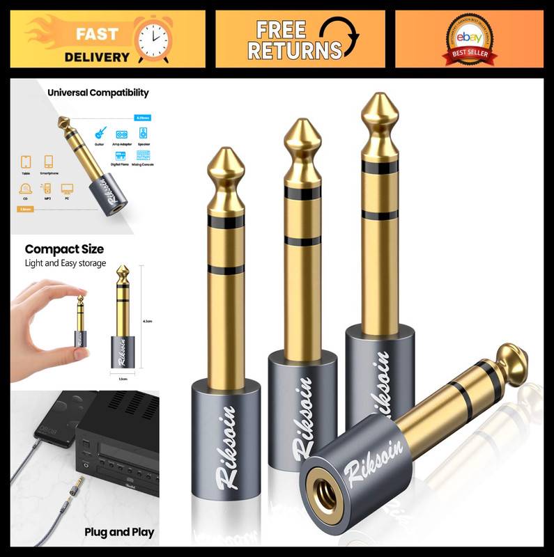 4-Pack 6.35mm to 3.5mm Stereo Audio Adapter – Gold Plated, Hi-Fi Sound for Guita