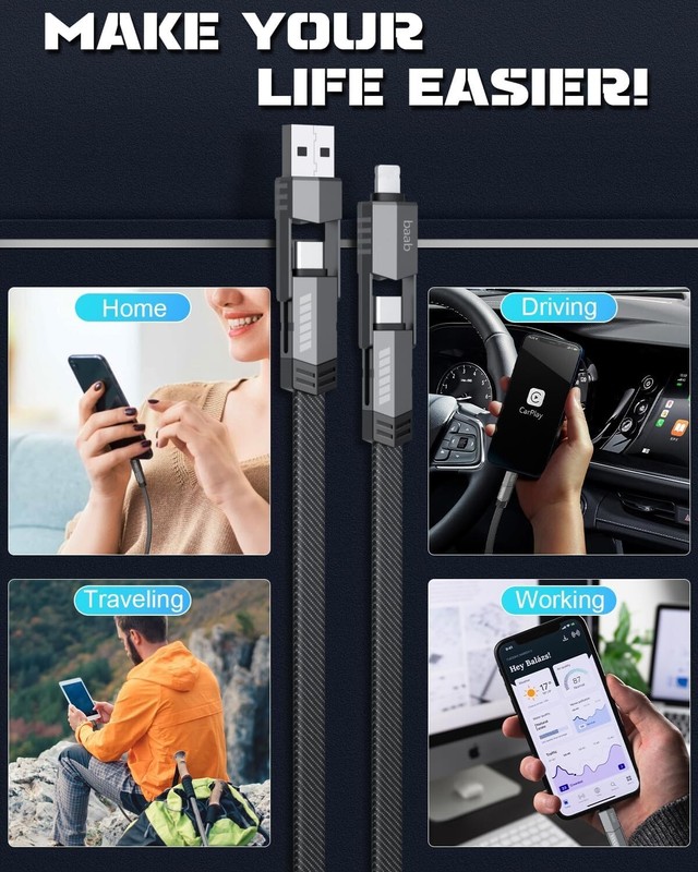 4 in 1 USB C Charging Cable, Multi L/Type C/USB A Port, 60W, 5ft gallery
