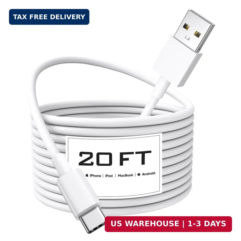Long USB C Cable 20Ft, White Premium TPE USB A to Type C Cable Charger Cord Fast