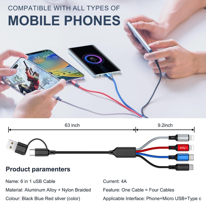 6 in 1 Multi Charging Cable 3Pack-6FT Multi USB Cable 3A Multi Charger Cable ... gallery