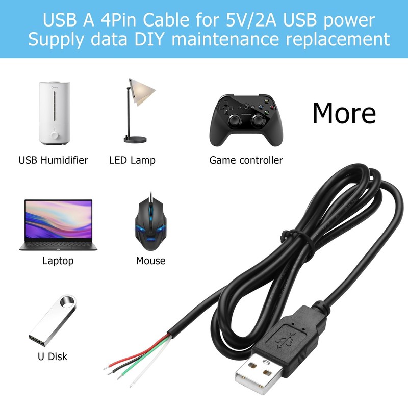 5 PCS USB A Male 2 Pin Bare Wire 22AWG 2.0 Plug Open End Extension DIY Cable gallery