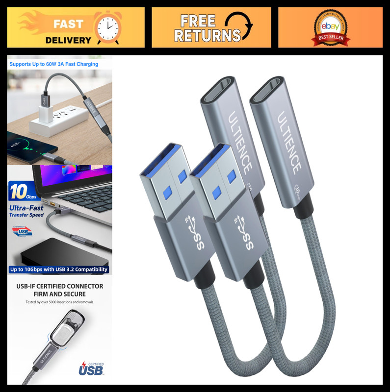 USB to USB C Adapter 2 Pack – 10Gbps Data Transfer, 60W Fast Charging, Type-C Co