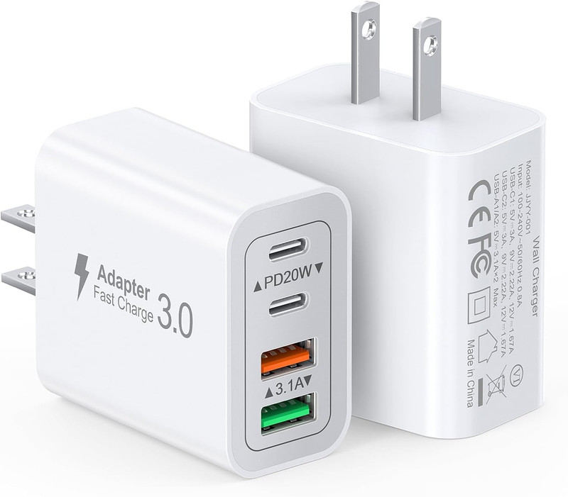 Bloc chargeur mural 40W USB-C, lot de 2, 4 ports PD+QC pour téléphones tablettes