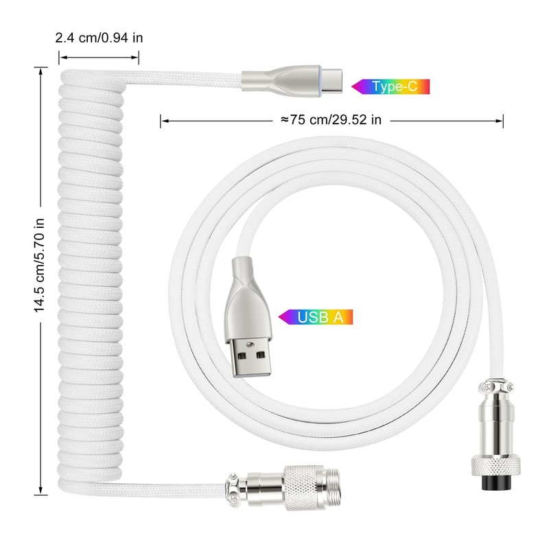 6ft White Coiled USB C Keyboard Cable with Detachable Metal Aviator Connector gallery