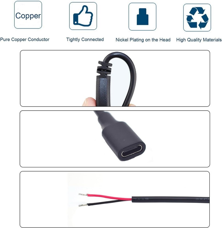 1M/3.3FT 22AWG Type C Female Pigtail 2 Wire Extension Cable,1PCS 5V 3A USB Ty... gallery