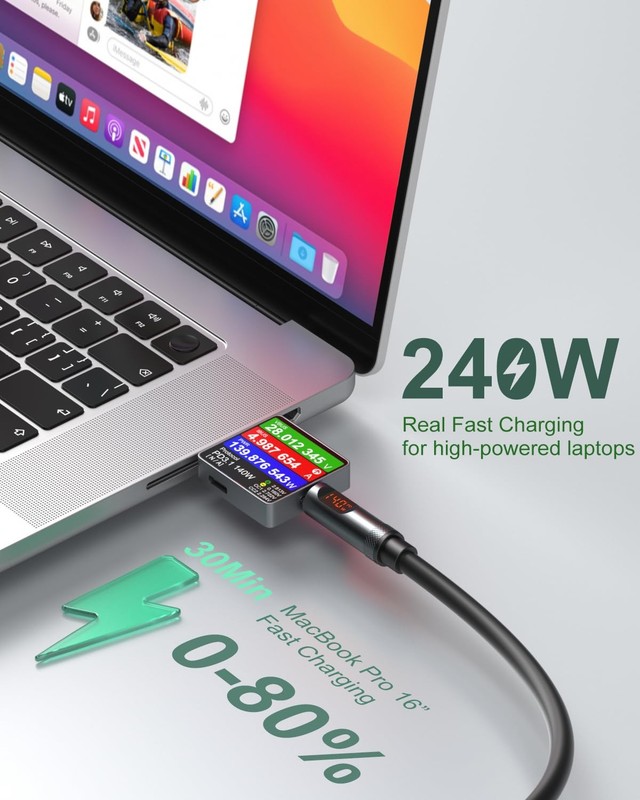 USB to USB Cable, 240W Fast Charging Charger Cord with Display for MacBook iP... gallery