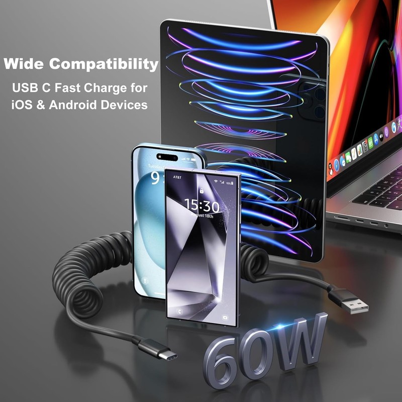 iPhone 16e Car Charger Cable Coiled USB C Cord, OKRAY USB-A to USB-C... gallery